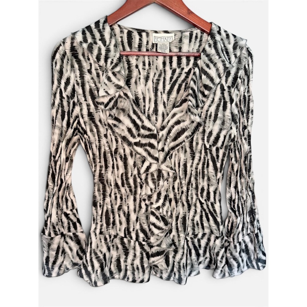 Vintage 90s Bethany Zebra Print Blouse Bell Sleeve, Ruffle Front | Size Large